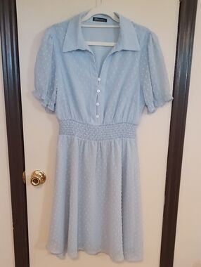 Smocked Waist Pale Blue Midi Dress with Collar